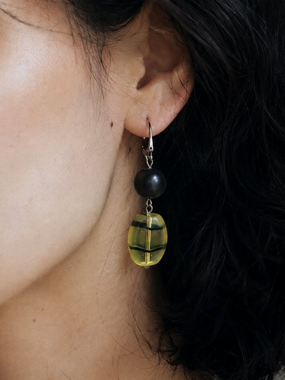 Black Agate & Lime Czech Glass Earrings: Retro 90s Stainless Steel Leverbacks